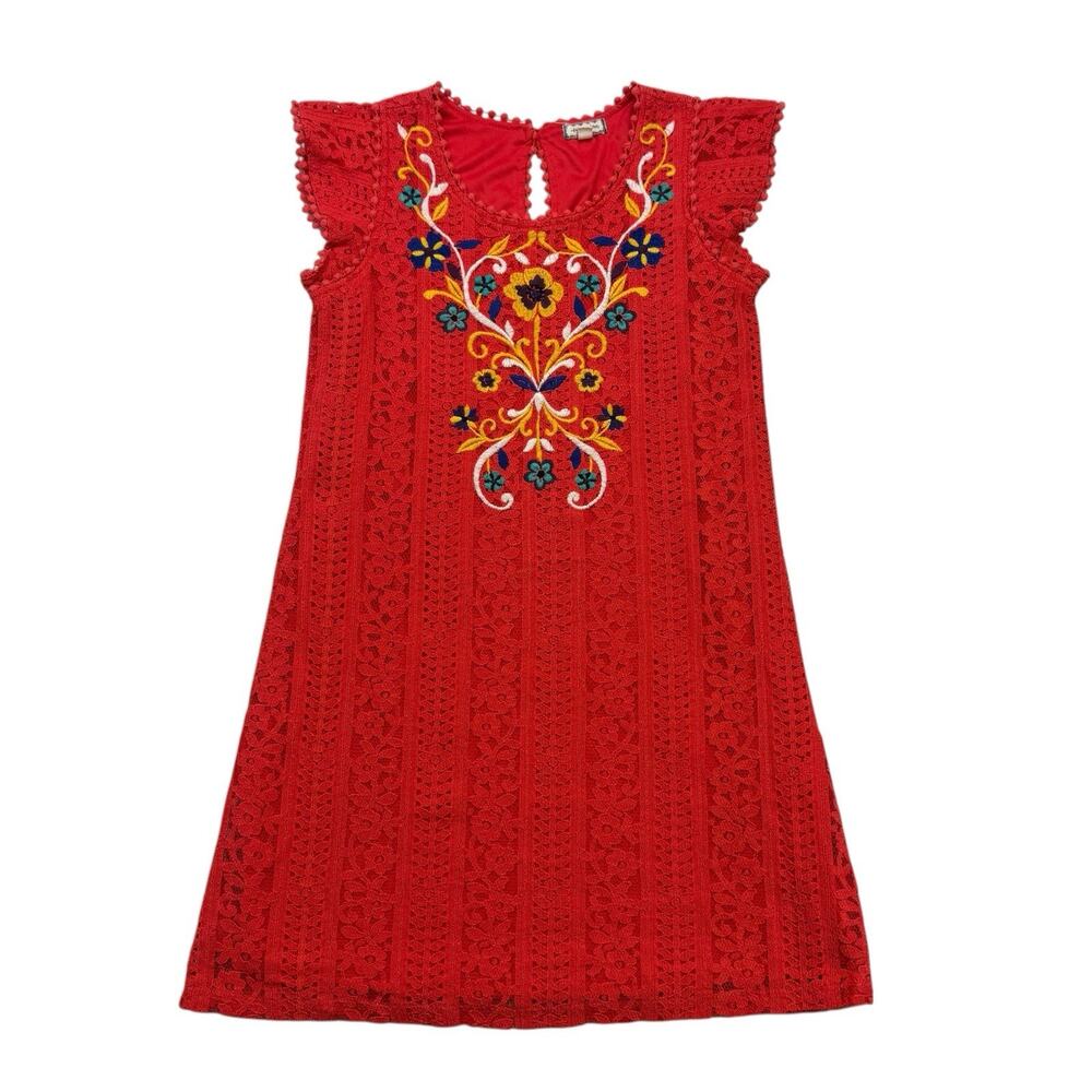 Eyeshadow Dress Womens Small Orange Floral Lace Embroidered Boho Hippie Lined